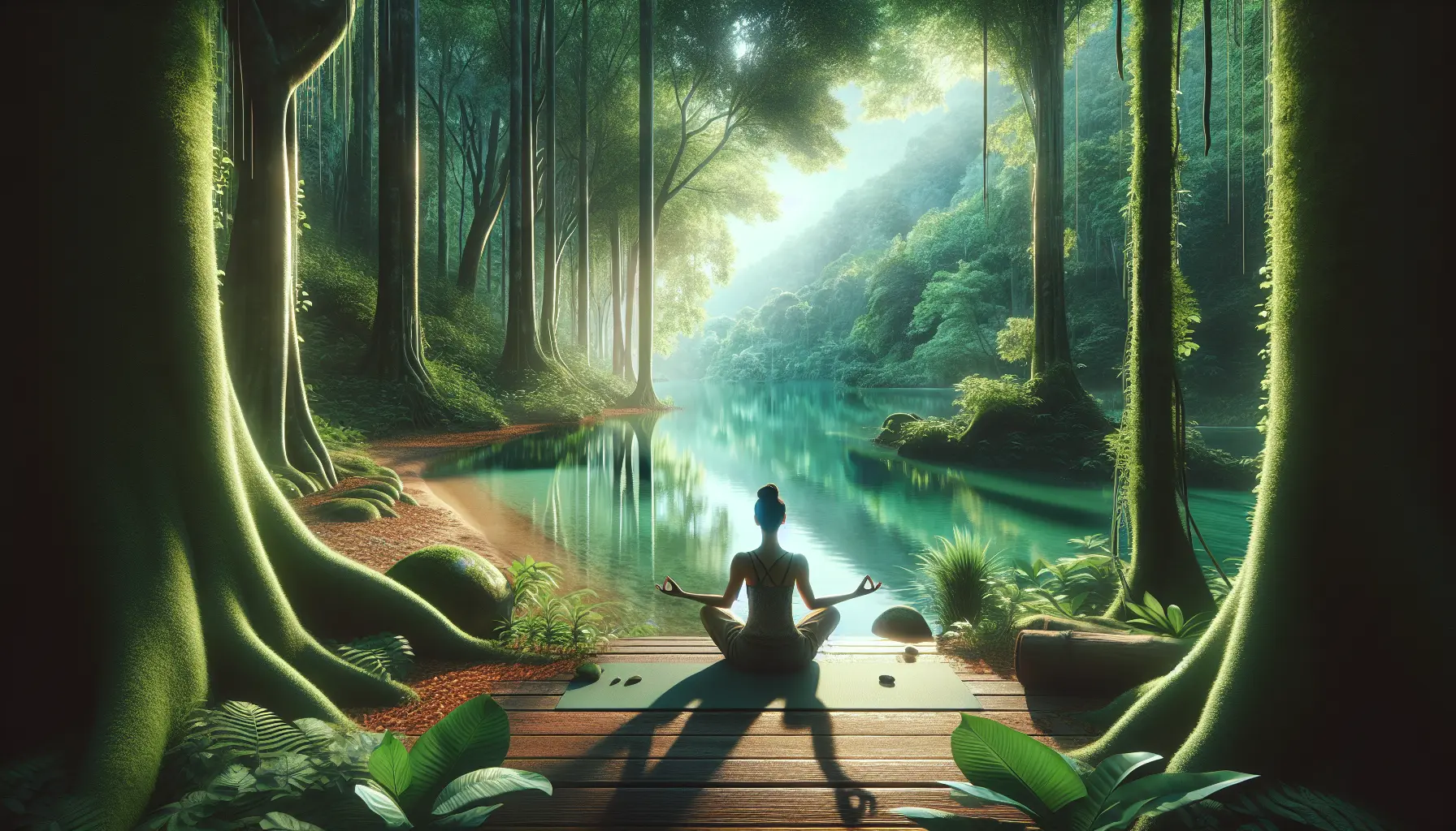 Una persona che pratica yoga in un ambiente naturale sereno, simboleggiando il rilassamento e il benessere.