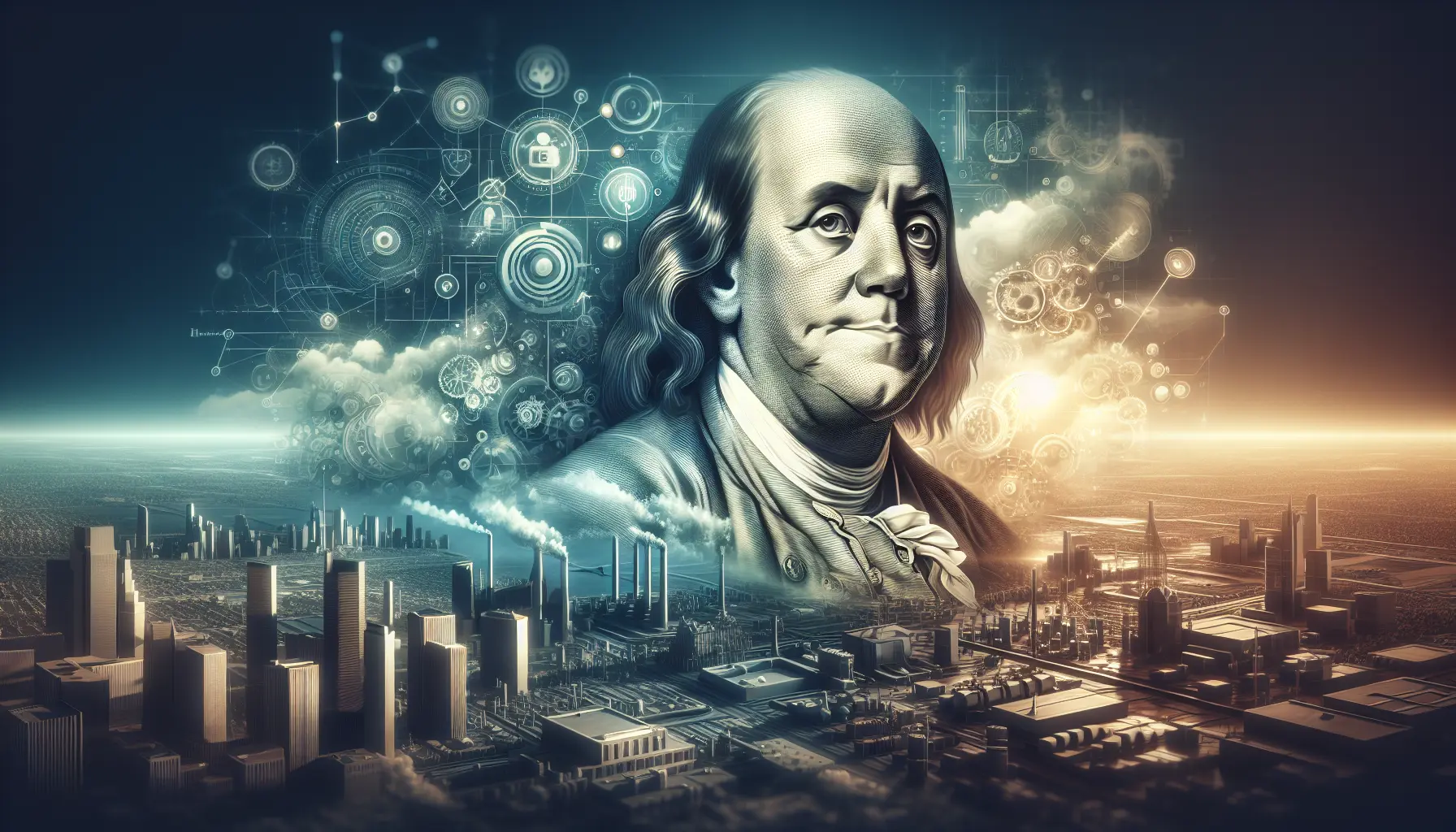Ritratto di Benjamin Franklin con simboli di innovazione e scienza sullo sfondo.