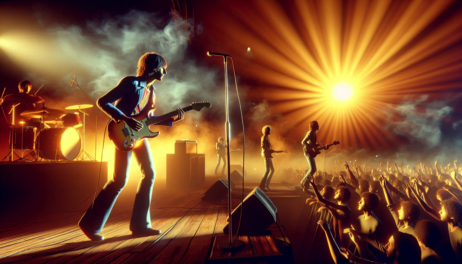 David Gilmour in concerto, con la sua chitarra Fender Stratocaster, mentre crea atmosfere suggestive sul palco.