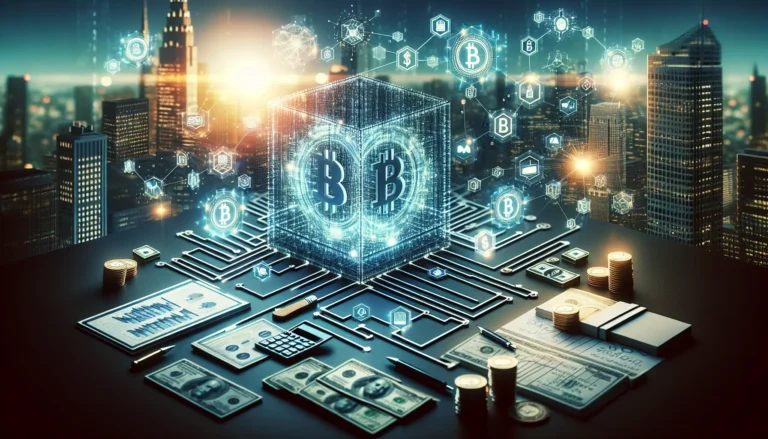 Immagine che rappresenta la blockchain e la gestione patrimoniale, con grafici e simboli di criptovalute.