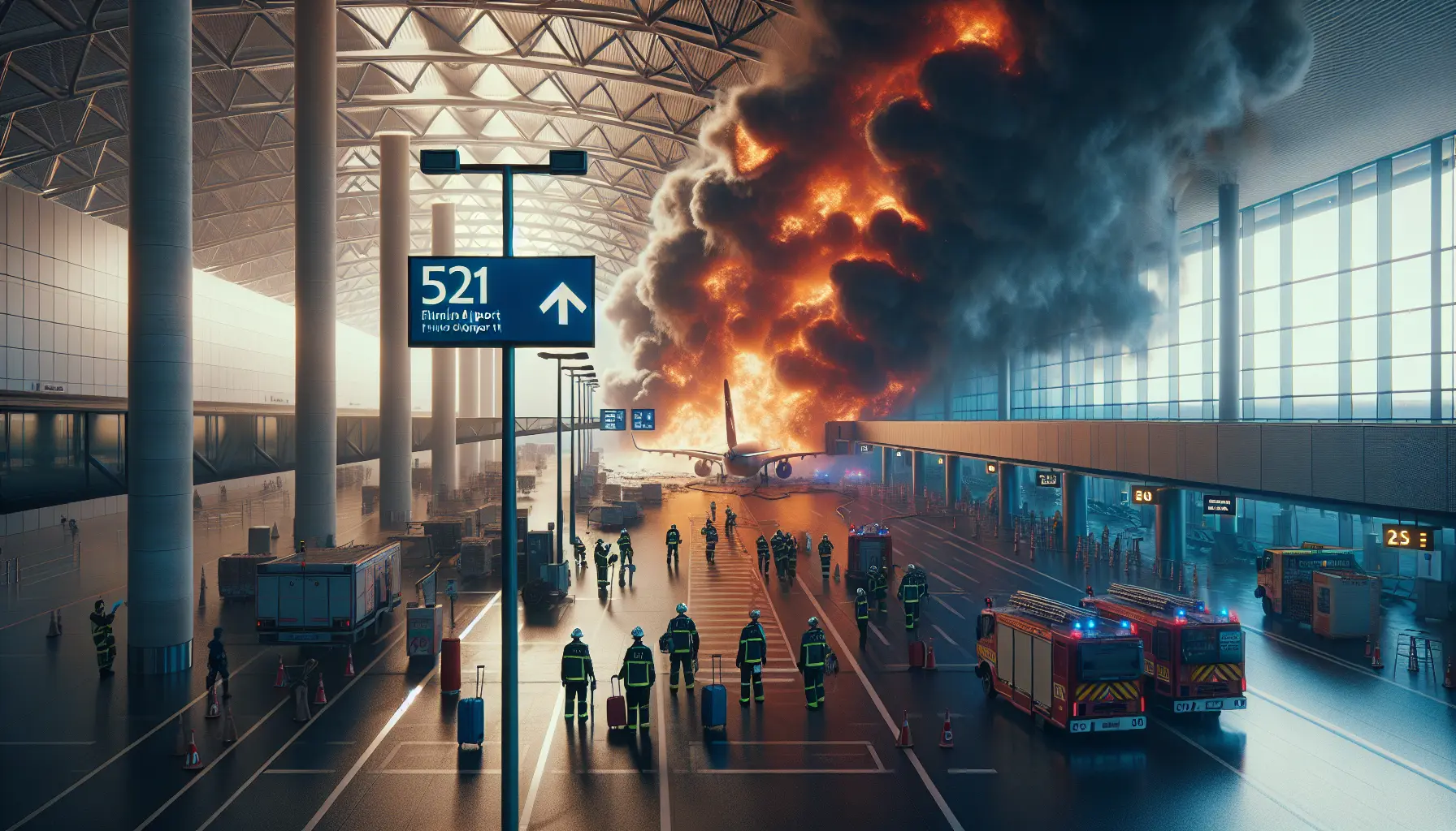 Vista dell'aeroporto di Fiumicino con fumi e attività di emergenza in corso