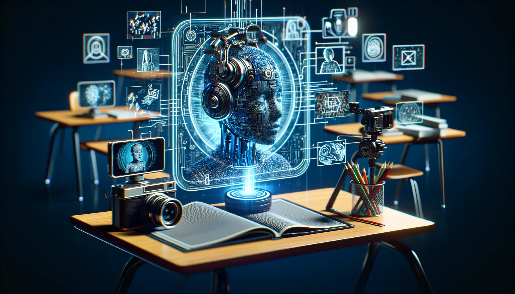Un'immagine che rappresenta un tutor virtuale che assiste uno studente nello studio, con elementi tecnologici e interattivi.