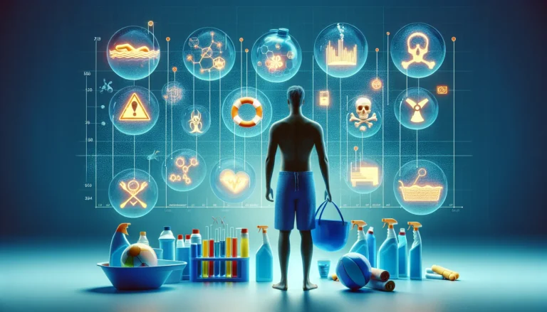 Una piscina con acqua cristallina e un cartello che avverte dell'uso di cloro per la disinfezione