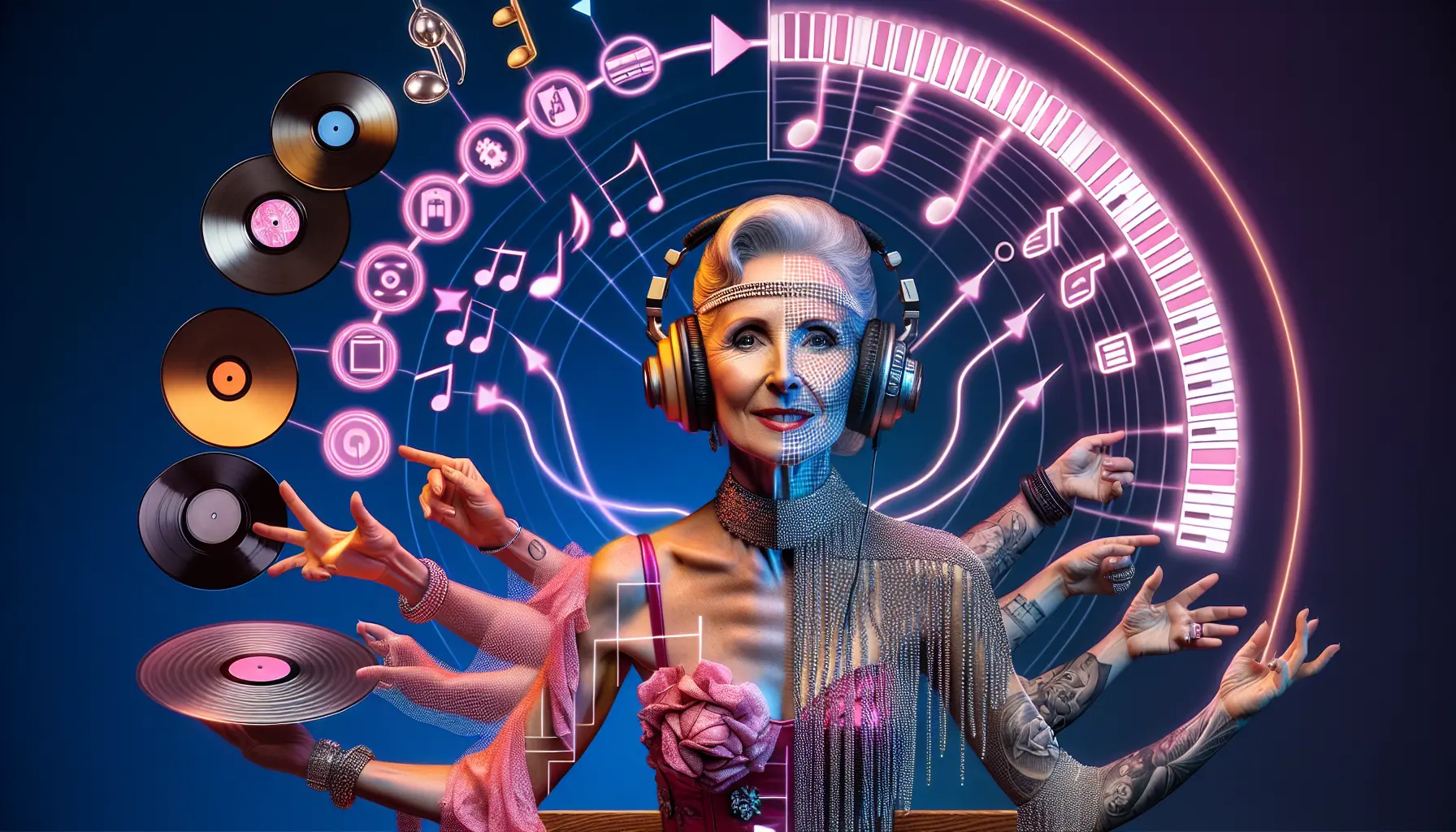 Madonna in un'esibizione dal vivo, circondata da luci e colori vibranti, rappresentando il suo stile innovativo e la sua influenza sulla musica pop.