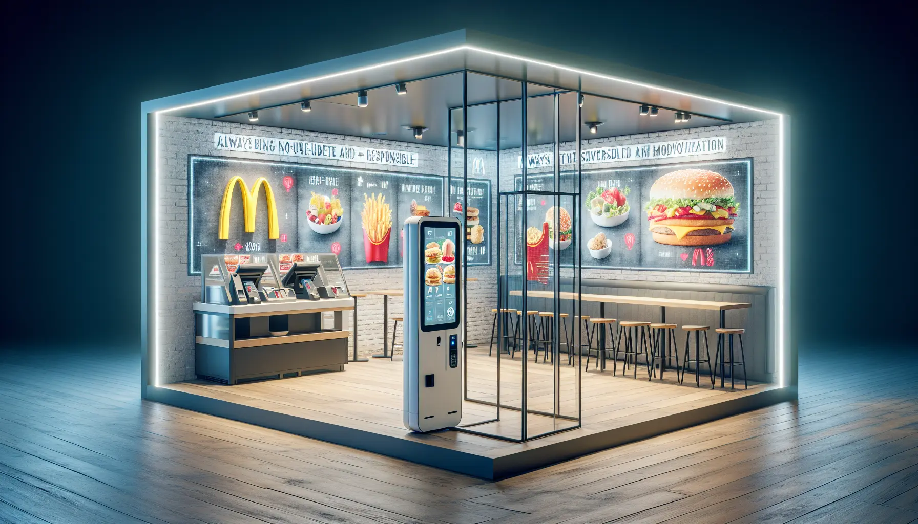 Un ristorante McDonald's moderno con chioschi digitali e un menu vario che include opzioni vegetali e sostenibili.