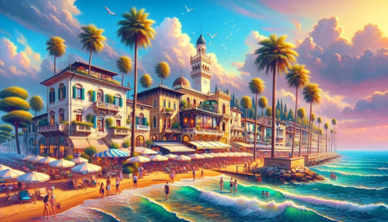 Spiaggia di Milano Marittima con ombrelloni e lettini, vista sul mare azzurro