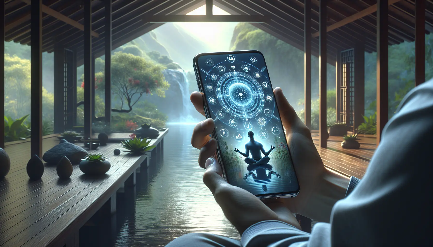 Un'immagine che rappresenta una persona che medita con un'app sullo smartphone in un ambiente sereno.
