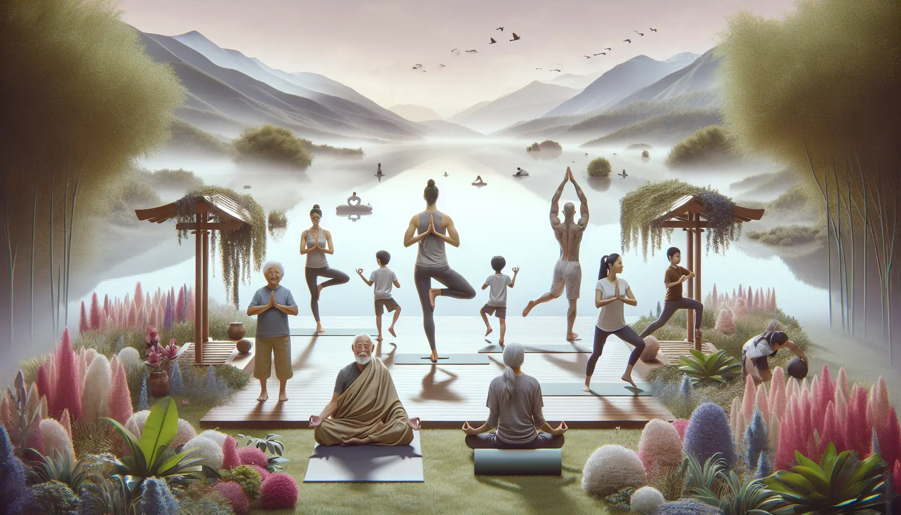 Una famiglia che pratica yoga insieme in un ambiente sereno, rappresentando la connessione tra movimento e consapevolezza.