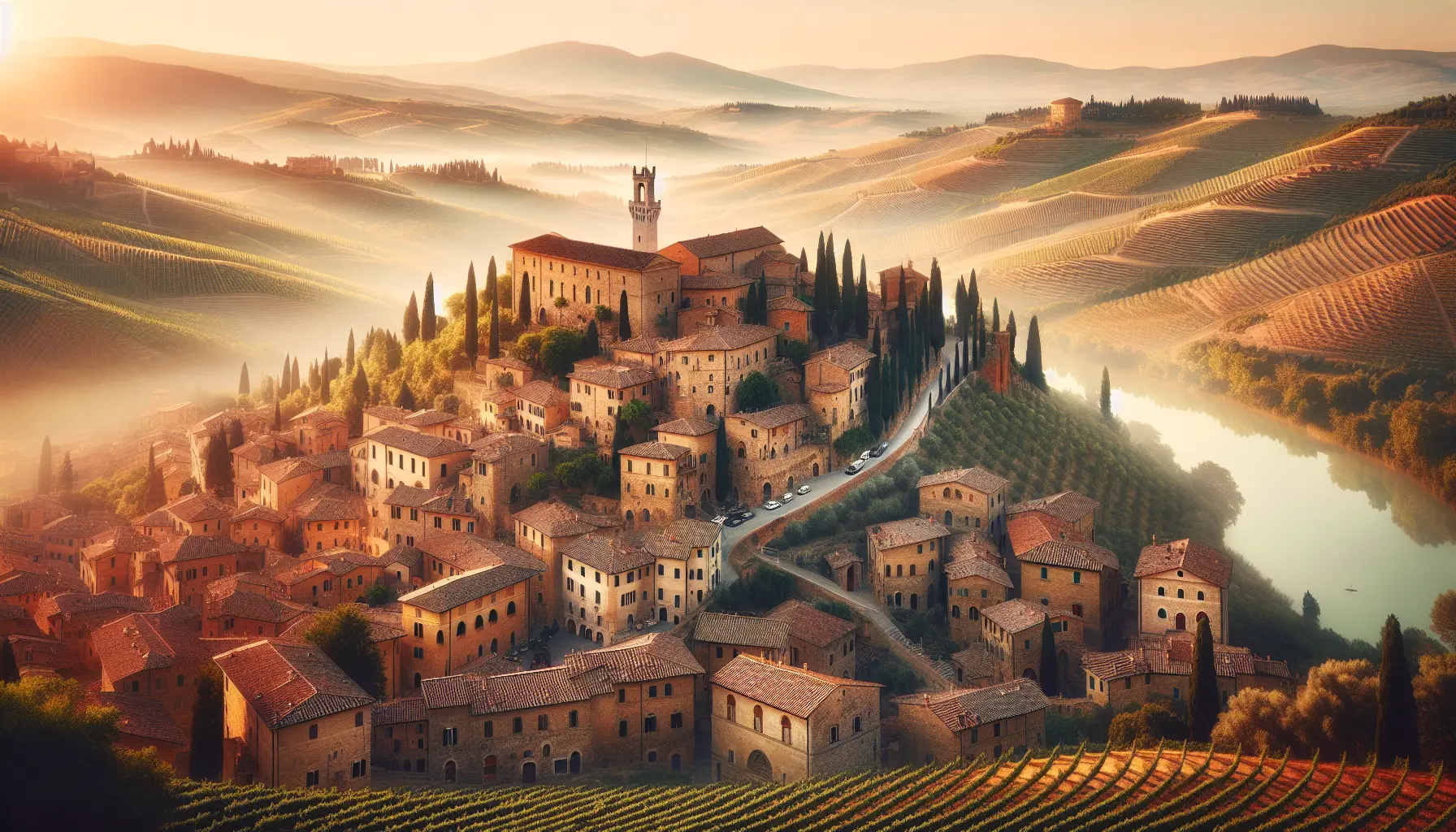 Vista panoramica di Montepulciano con vigneti e colline verdi sullo sfondo