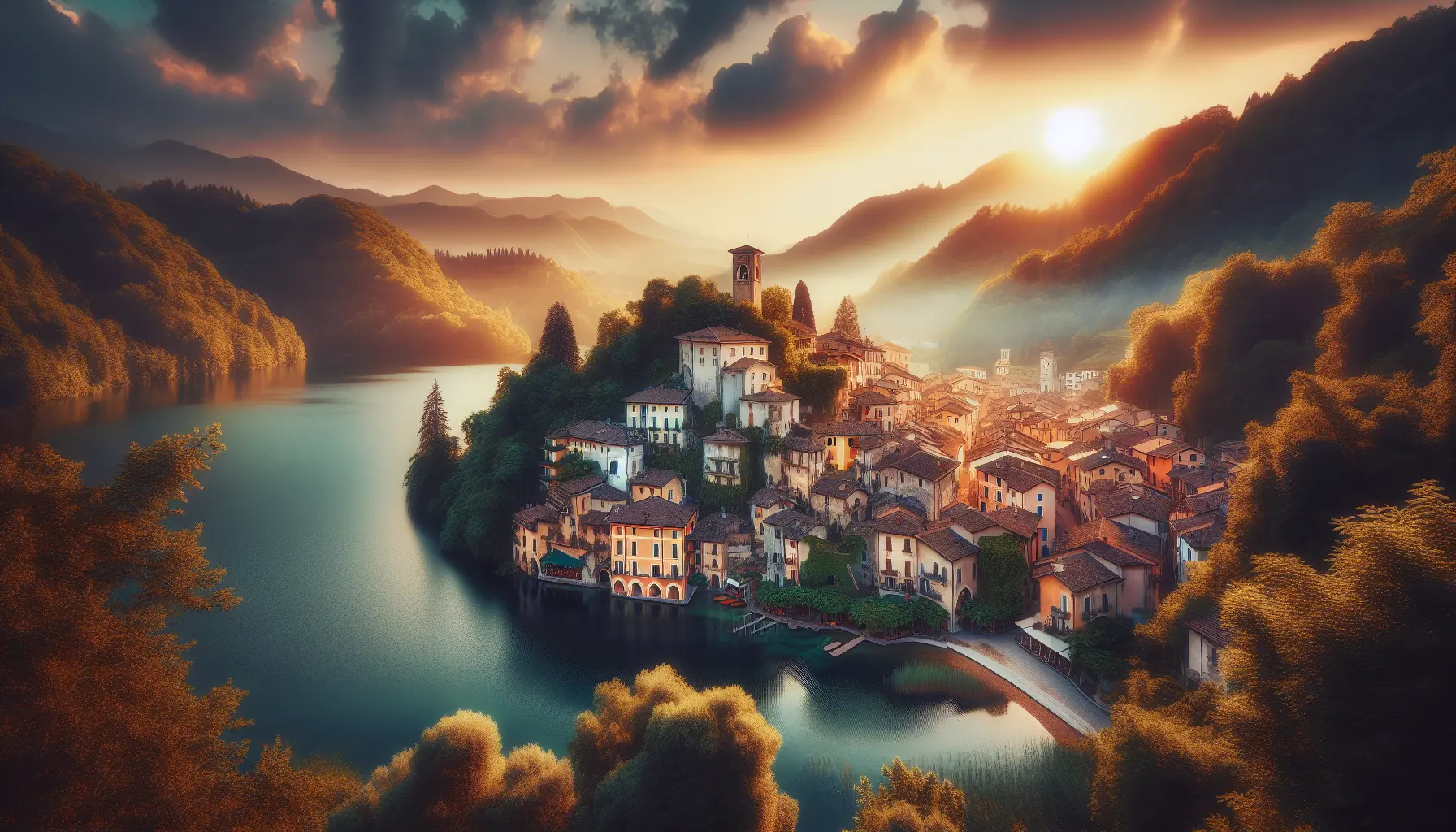 Vista panoramica del Lago di Nemi circondato da boschi verdi e il pittoresco borgo di Nemi in lontananza.