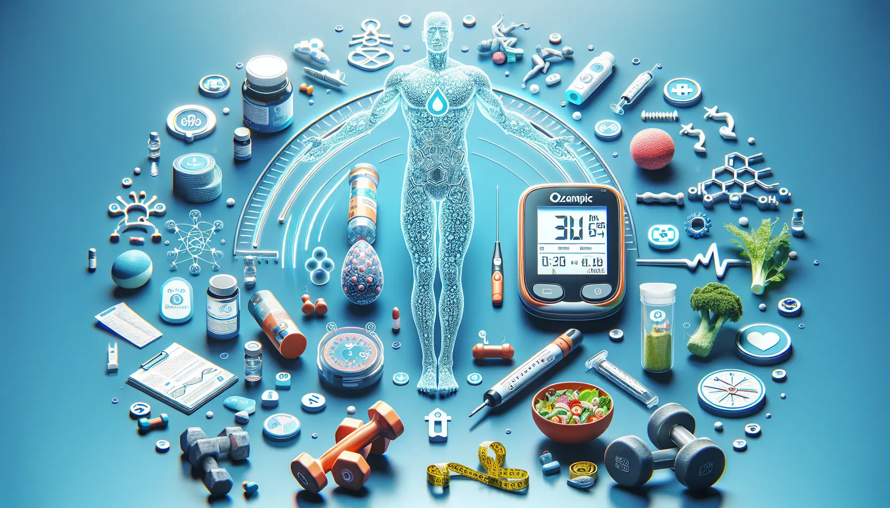 Un'immagine che rappresenta il farmaco Ozempic e la gestione del diabete di tipo 2, con elementi visivi che evocano salute e benessere.