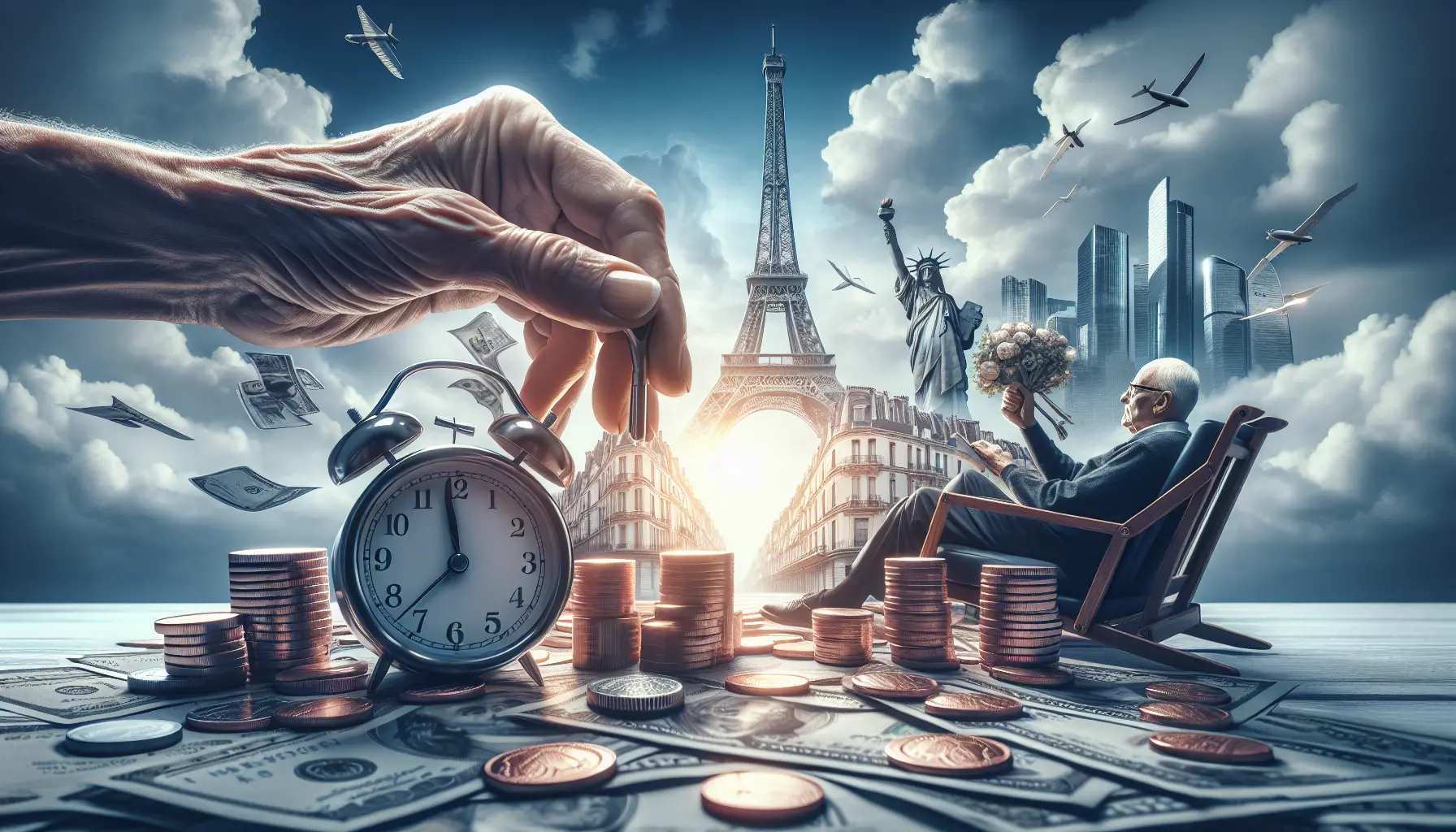 Un giovane professionista che contempla il futuro, circondato da simboli di libertà finanziaria e investimenti.