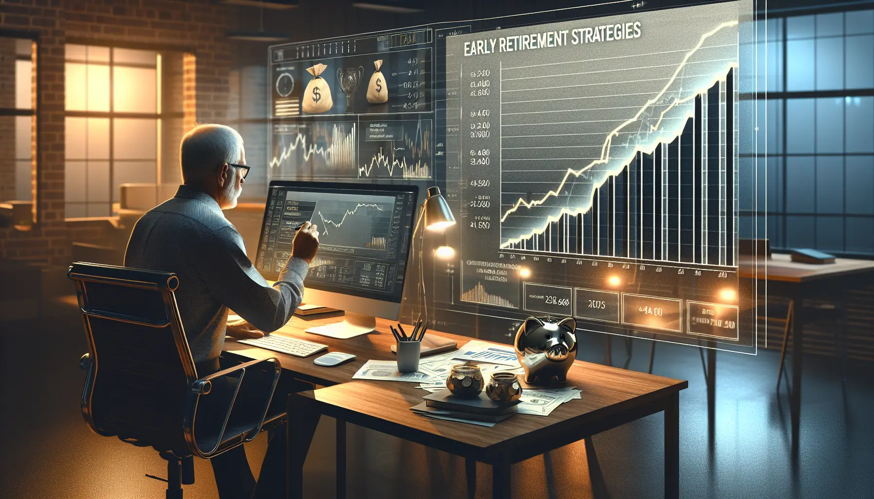 Un giovane professionista che contempla il futuro, circondato da simboli di libertà finanziaria e opportunità di investimento.