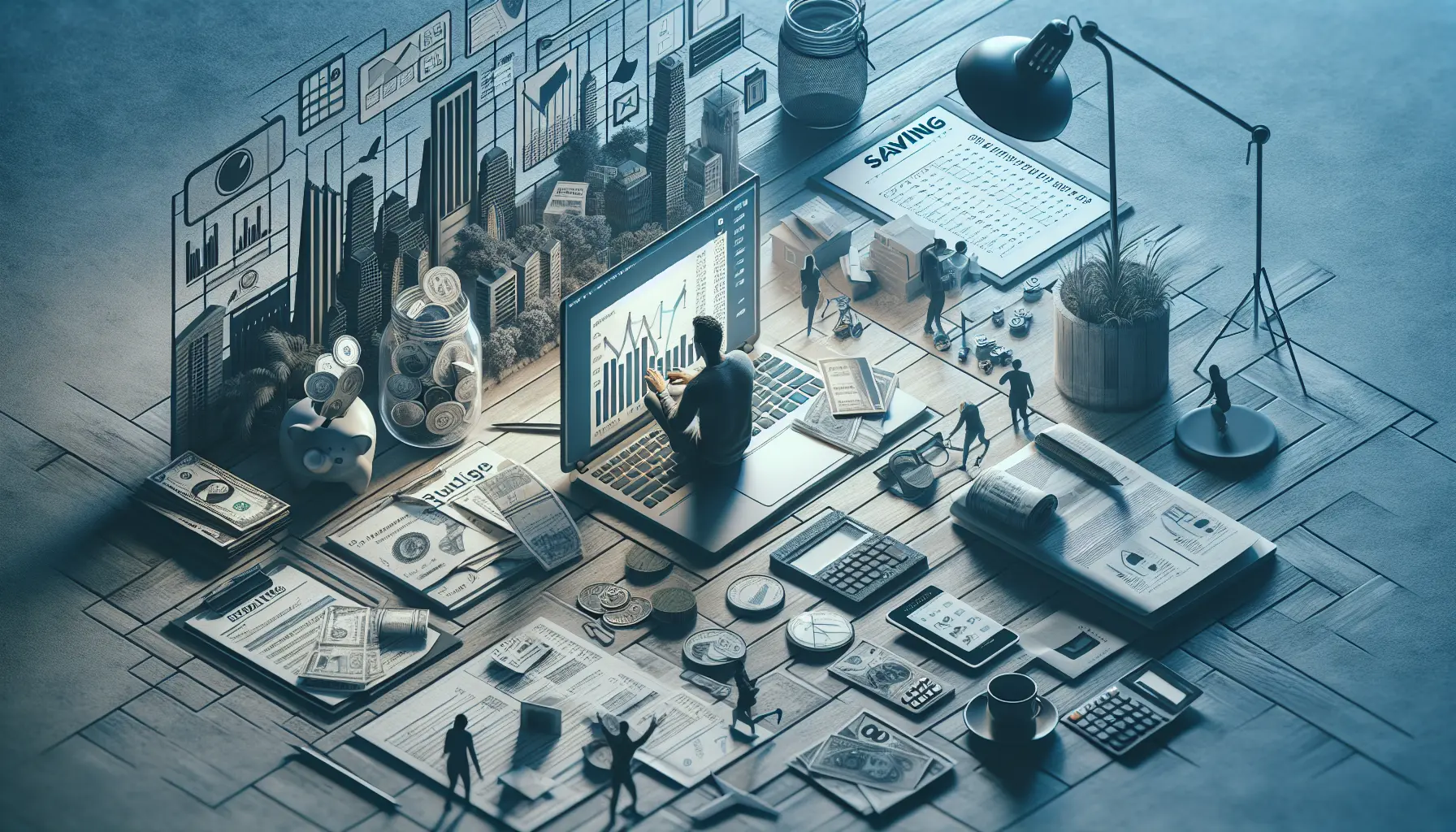 Un nomade digitale che lavora su un laptop in una spiaggia tropicale con palme e onde in sottofondo.