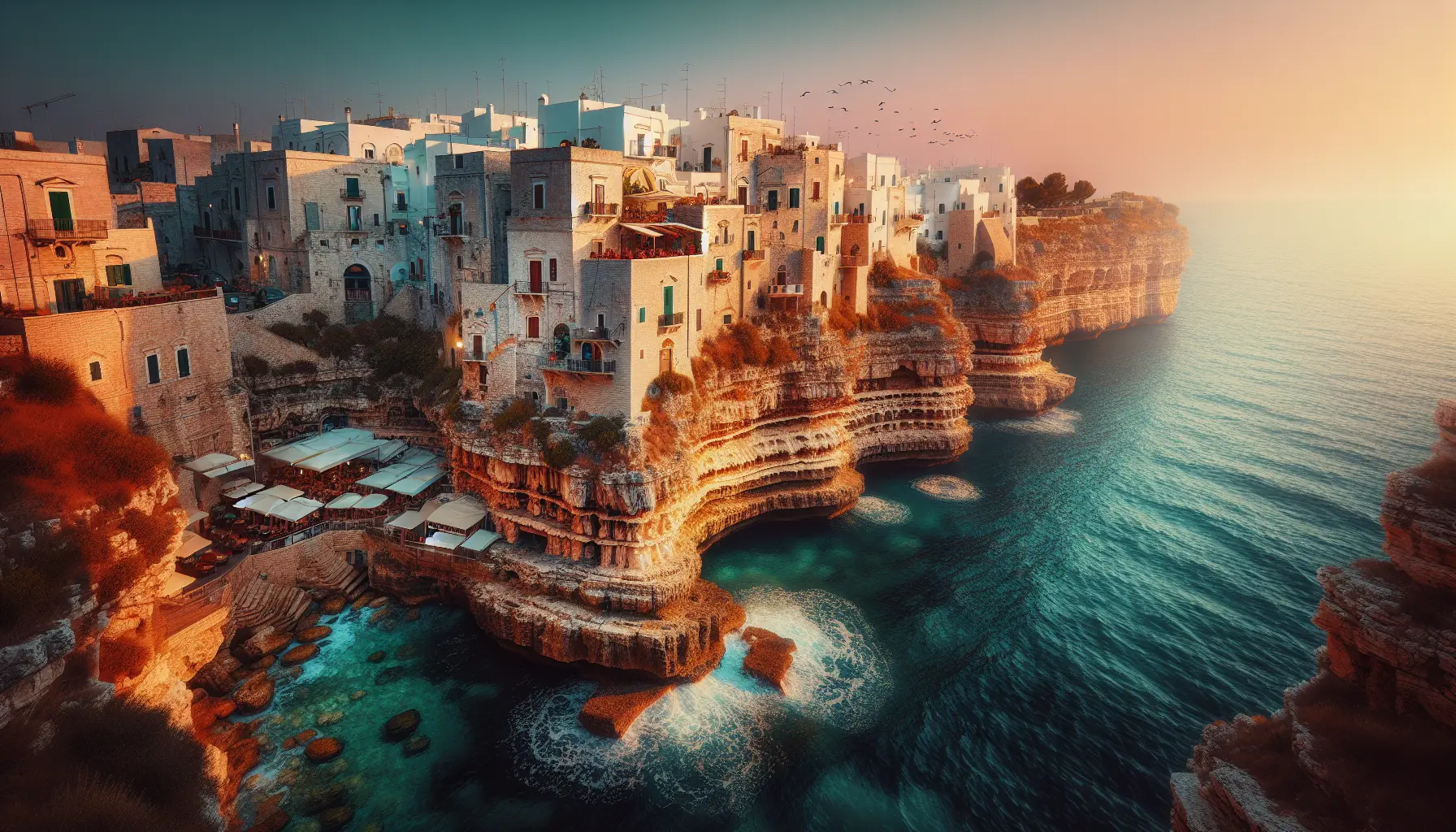 Vista panoramica delle scogliere di Polignano a Mare con il mare cristallino sullo sfondo