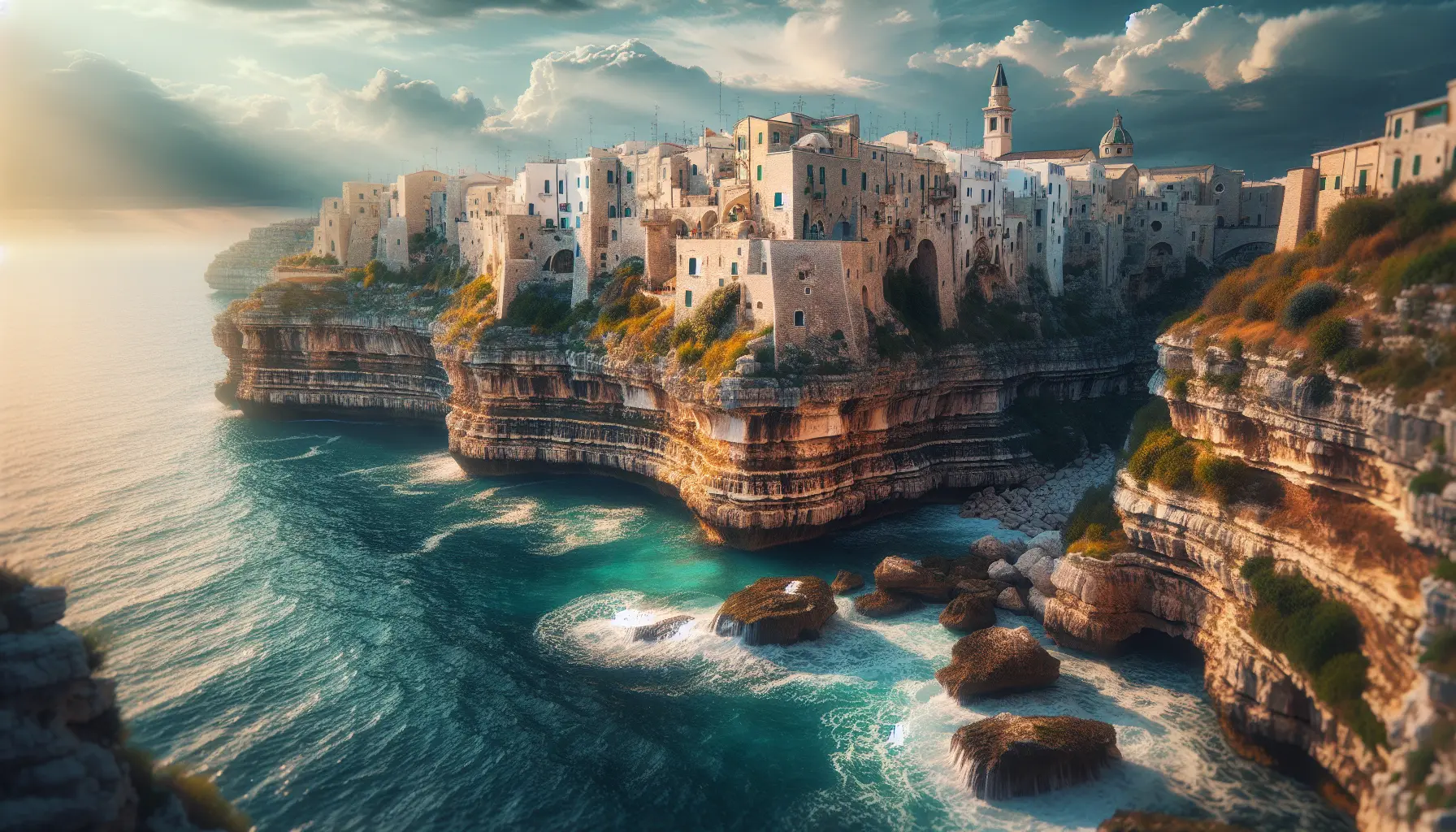 Vista panoramica delle scogliere di Polignano a Mare con il mare cristallino sullo sfondo.