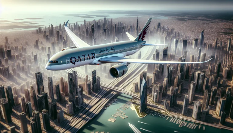 Aereo di Qatar Airways in volo sopra un paesaggio urbano, simbolo di lusso e innovazione nel settore dell'aviazione.