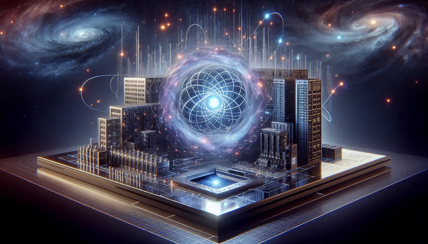 Rappresentazione visiva di un computer quantistico con qubit e circuiti quantistici.