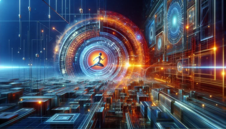 Illustrazione di un computer quantistico con circuiti e simboli quantistici