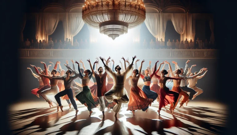 Un gruppo di danzatori in costume tradizionale che si esibiscono in una danza folkloristica, raccontando storie attraverso il movimento.