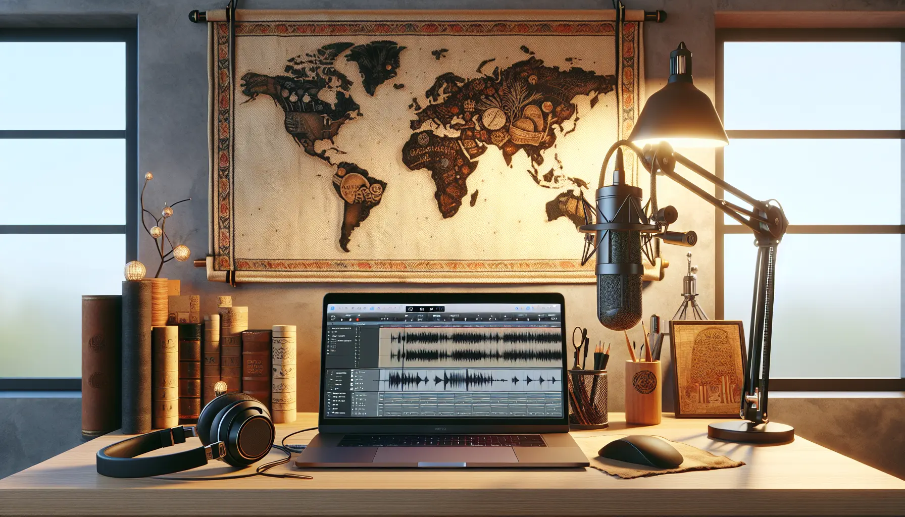 Un microfono e cuffie su un tavolo, simbolo del podcasting e della narrazione orale.