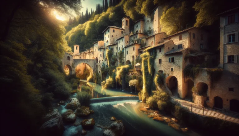 Vista panoramica di Rasiglia con cascate e canali d'acqua che attraversano il borgo.