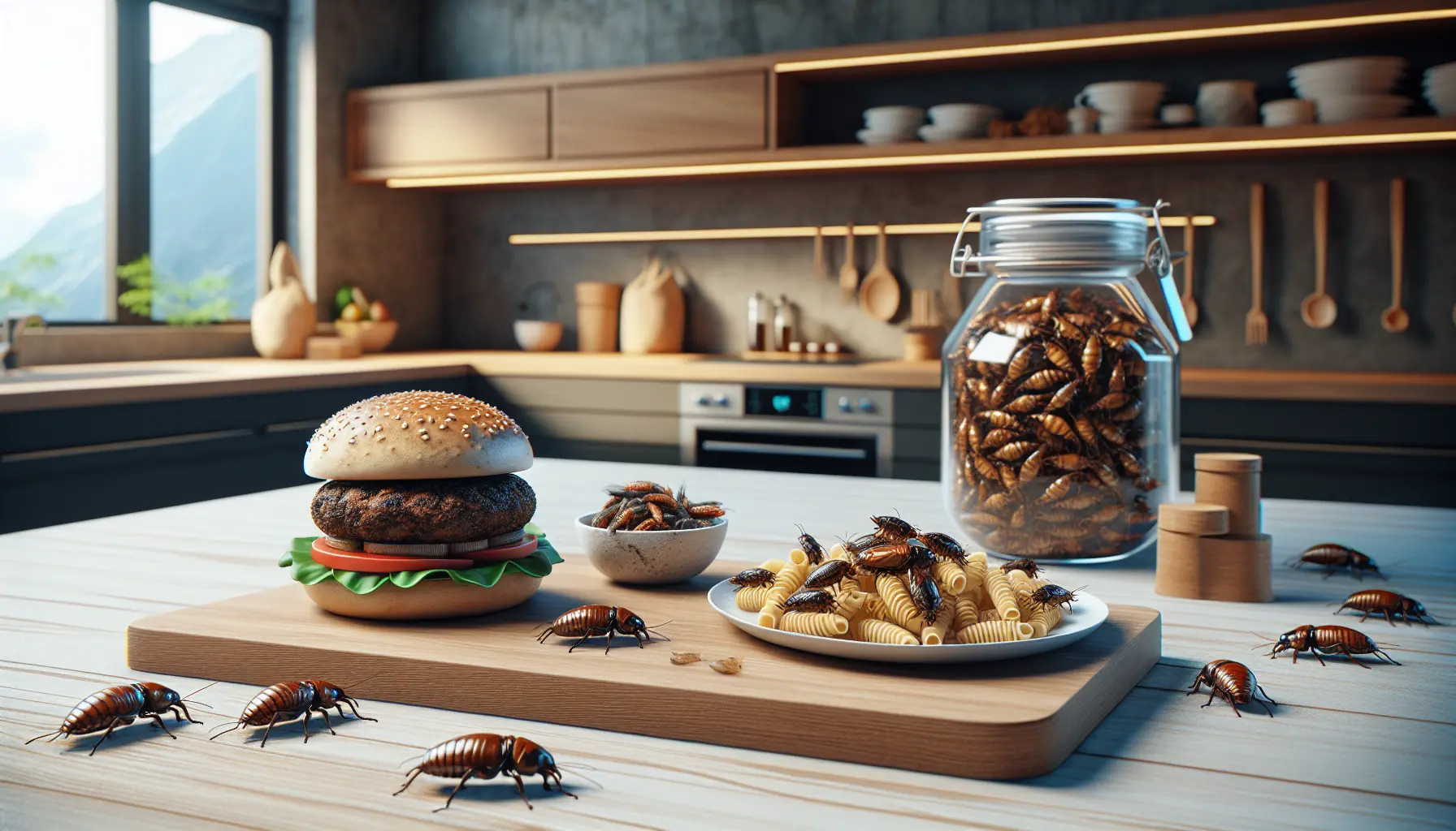 Un piatto gourmet a base di insetti, mostrante un burger di grilli e pasta con salsa di cimici, su una tavola elegante.