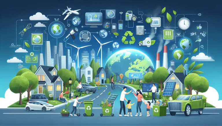 Una famiglia impegnata in attività sostenibili all'aperto, come piantare alberi e coltivare un orto comunitario, rappresentando l'impegno verso un ambiente più verde.