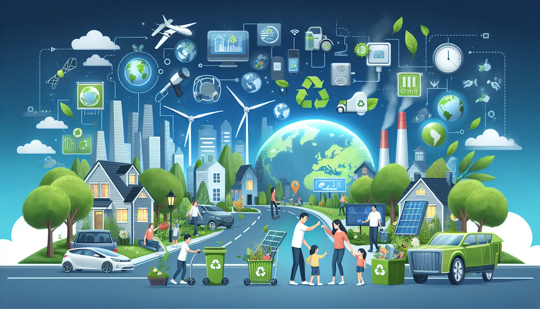 Una famiglia impegnata in attività sostenibili all'aperto, come piantare alberi e coltivare un orto comunitario, rappresentando l'impegno verso un ambiente più verde.