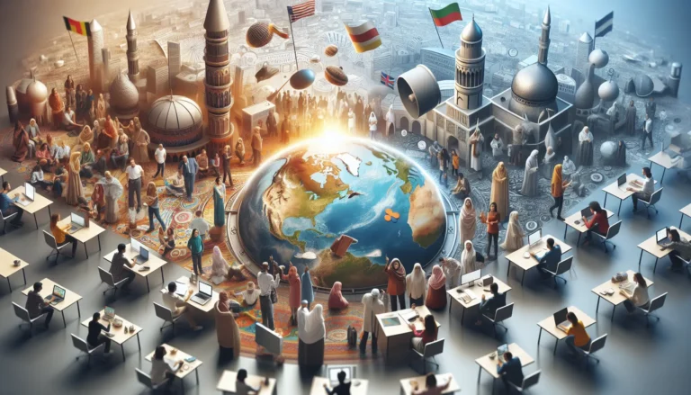 Un gruppo di persone di diverse culture che discutono e celebrano le loro lingue e tradizioni.