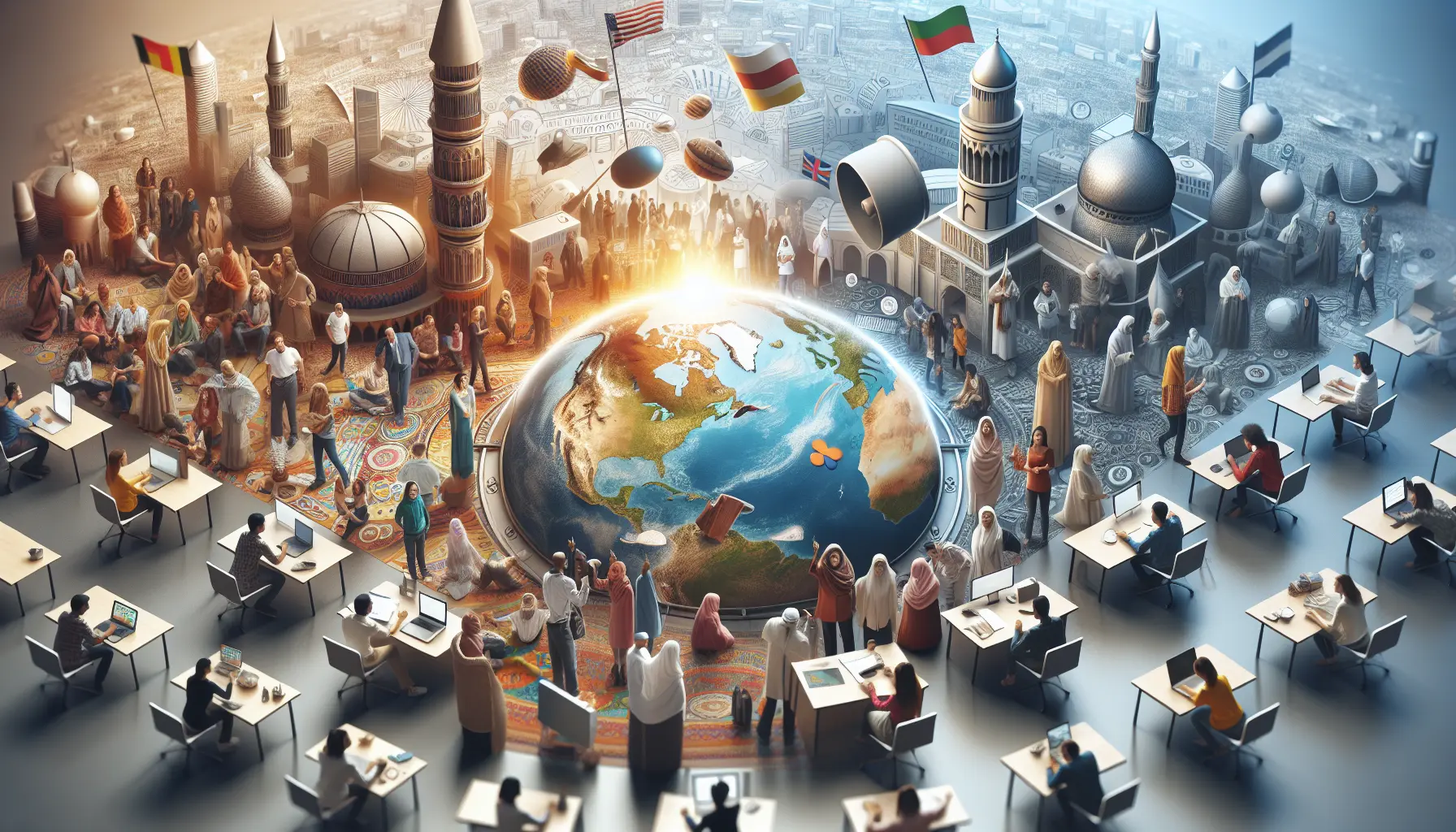 Un gruppo di persone di diverse culture che discutono e celebrano le loro lingue e tradizioni.