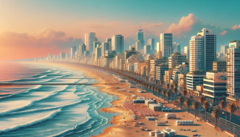 Vista panoramica della spiaggia di Bat Yam con il mare blu e il lungomare affollato di turisti.
