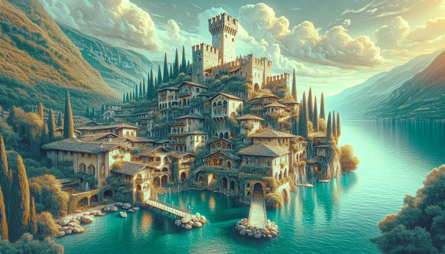 Vista panoramica di Sirmione con il Castello Scaligero e il Lago di Garda sullo sfondo