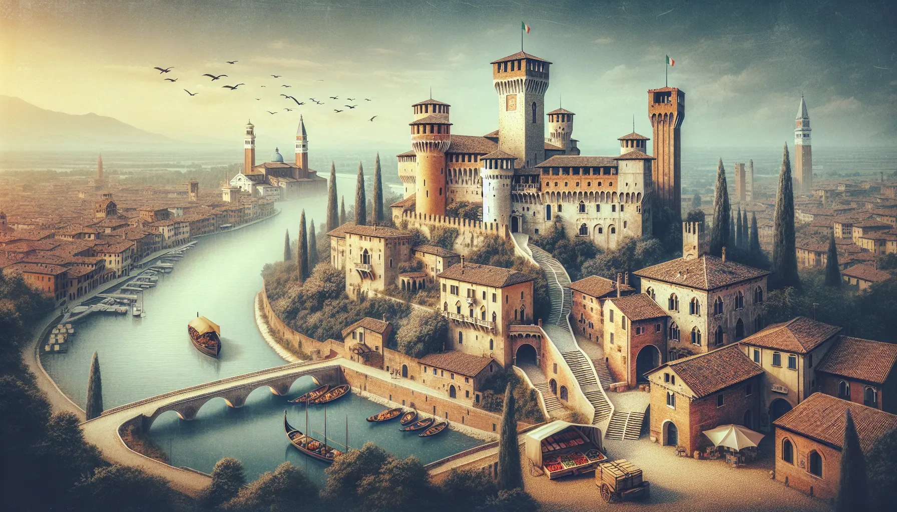 Vista panoramica di Vignola con il castello medievale e i vigneti che la circondano.