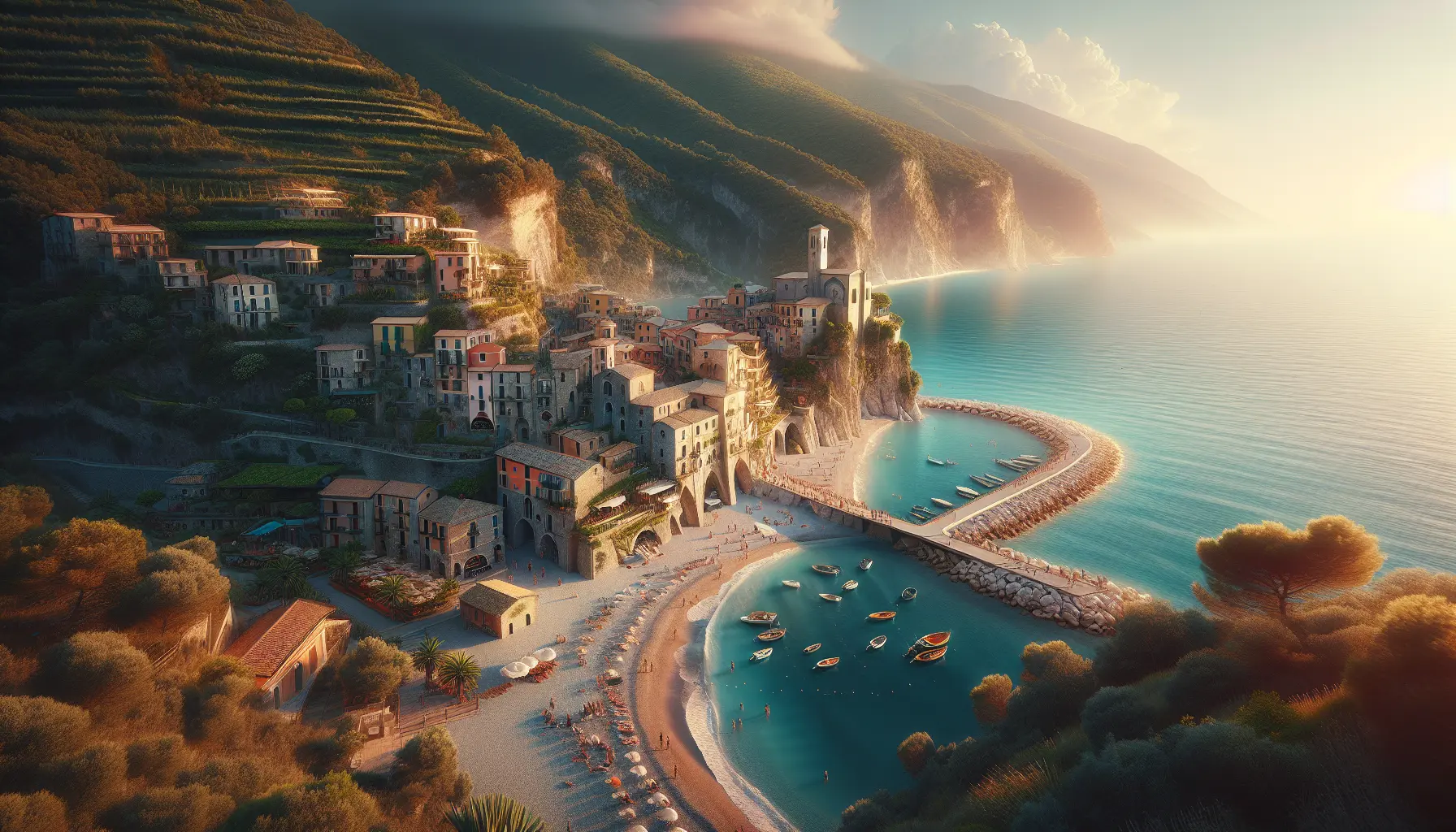 Panorama di Numana con le sue spiagge e il centro storico sullo sfondo.