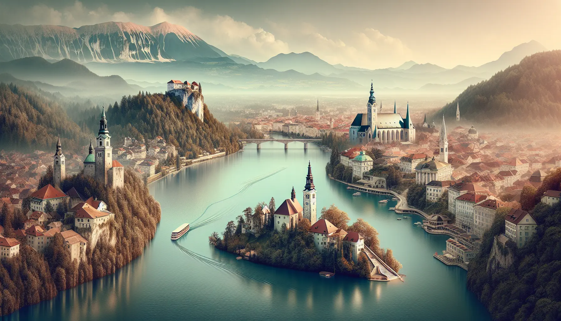 Panorama del Lago di Bled con il castello e l'isola sullo sfondo