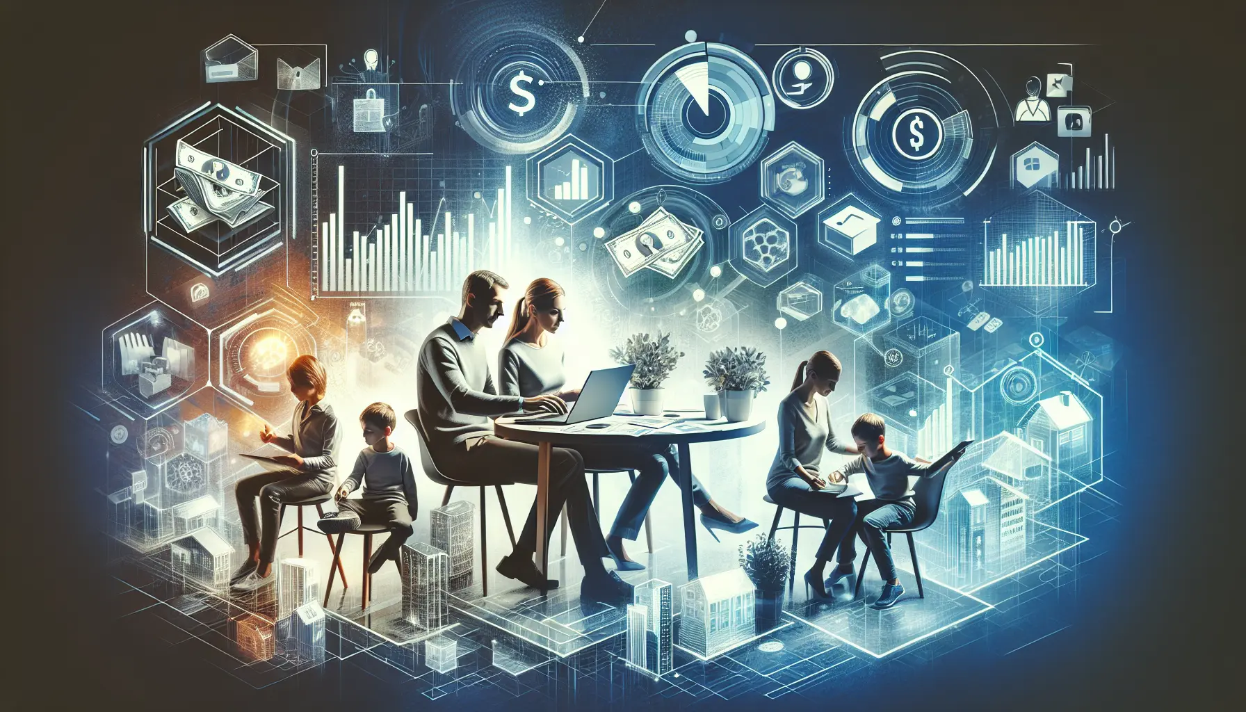 Un'immagine che rappresenta la gestione delle finanze personali attraverso strumenti digitali, con grafici e app sullo schermo di un computer.