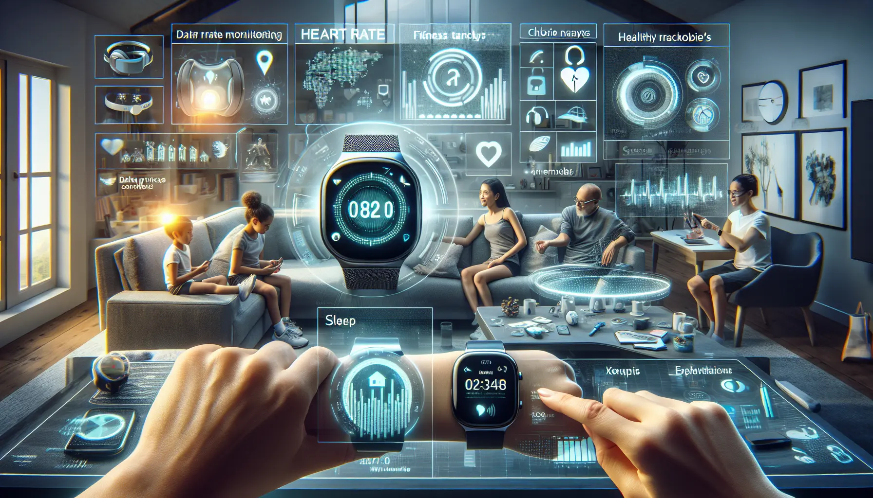 Un gruppo di giovani che indossano smartwatch e braccialetti fitness mentre si allenano all'aperto, monitorando la loro attività fisica.