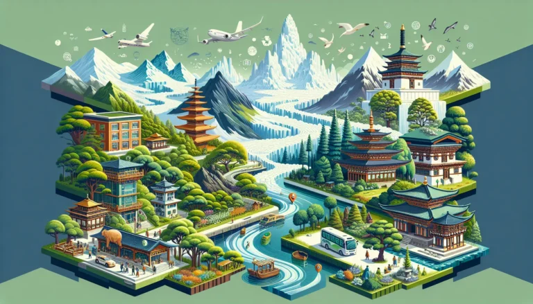 Vista panoramica di una destinazione eco-friendly con natura incontaminata e strutture sostenibili.