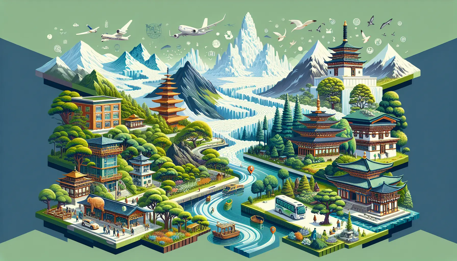 Vista panoramica di una destinazione eco-friendly con natura incontaminata e strutture sostenibili.