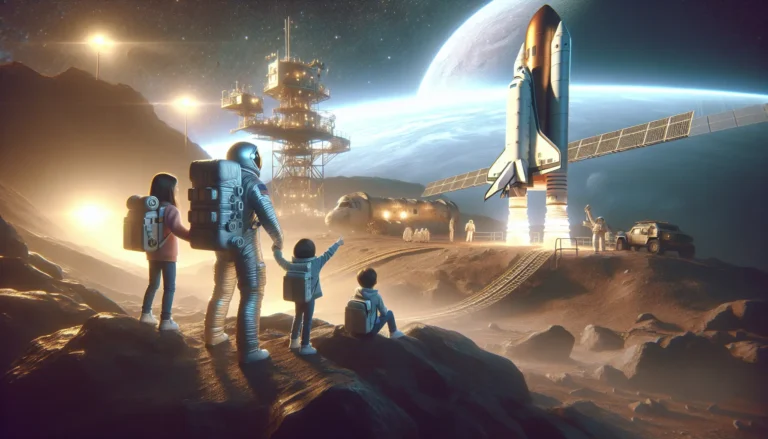 Una famiglia che osserva la Terra dallo spazio, rappresentando l'avventura del turismo spaziale.