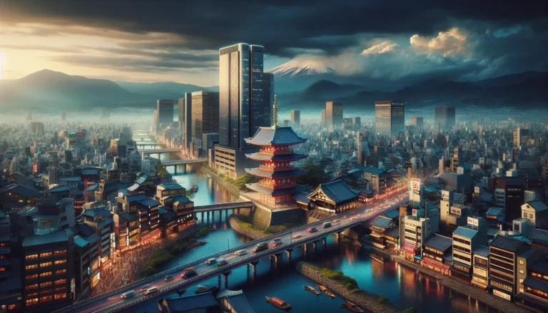 Panorama di Tokyo con i grattacieli e il tempio Senso-ji in primo piano