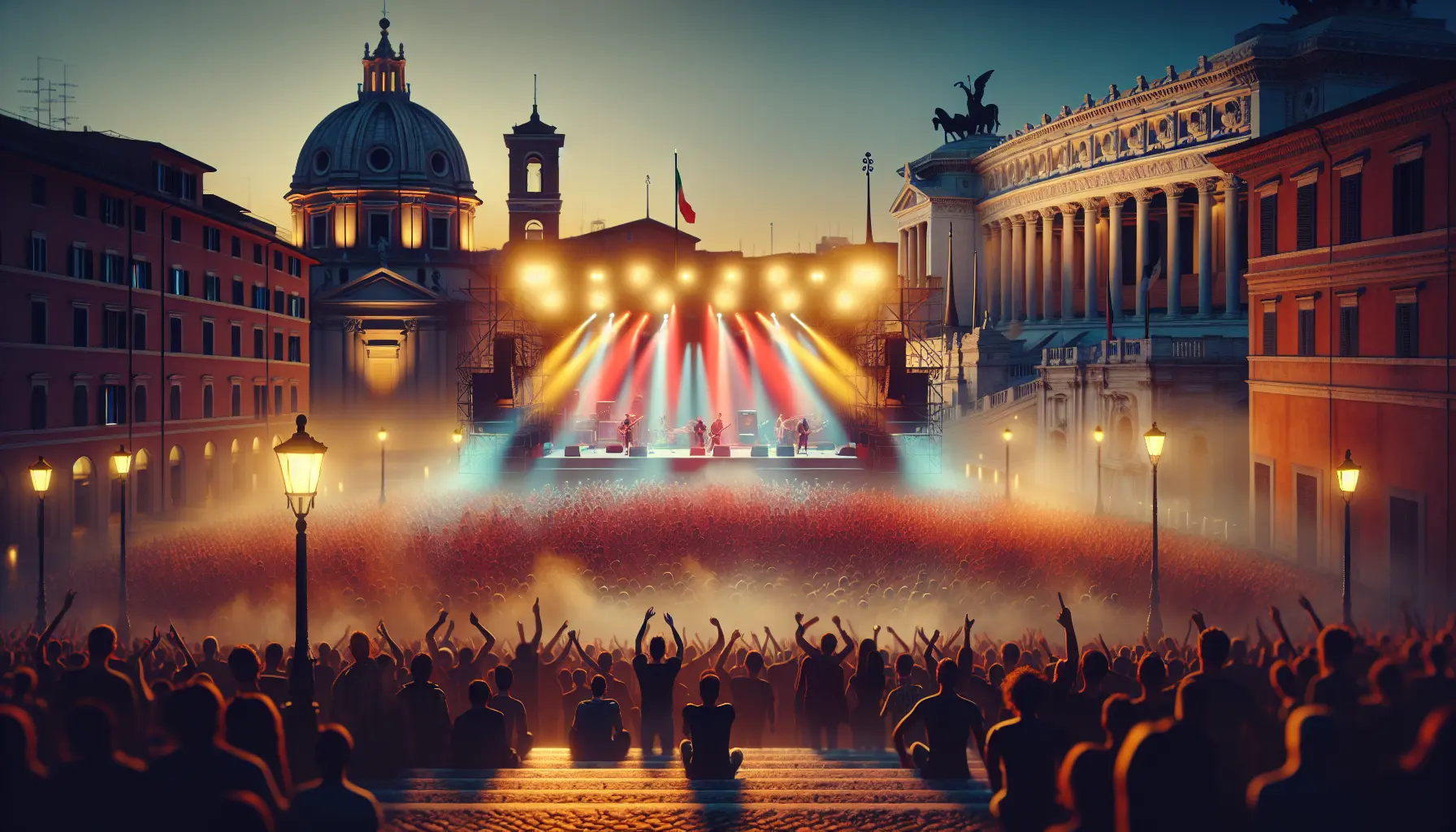 Un'immagine del concerto di Vasco Rossi, con fan entusiasti e luci scintillanti sul palco
