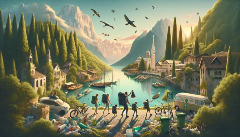 Famiglia in viaggio sostenibile in un paesaggio naturale