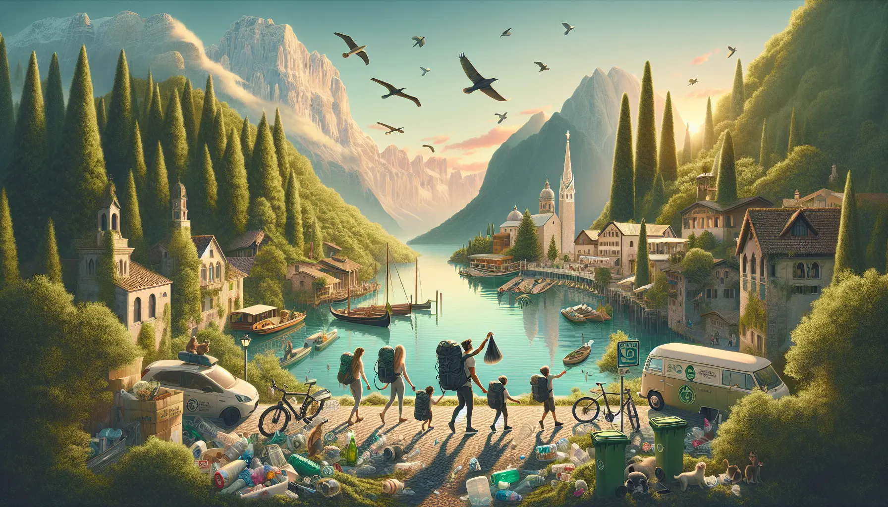 Famiglia in viaggio sostenibile in un paesaggio naturale