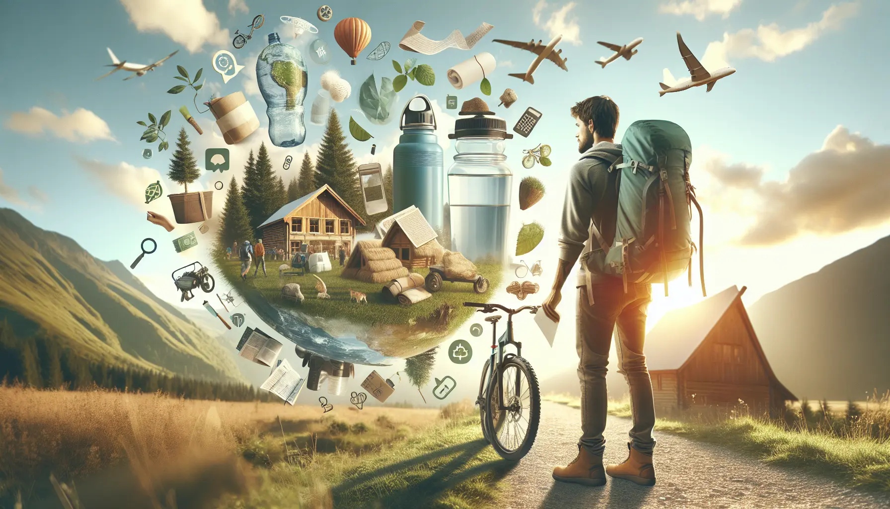 Un gruppo di studenti che esplorano una destinazione turistica in modo sostenibile, utilizzando mezzi di trasporto ecologici e interagendo con la cultura locale.