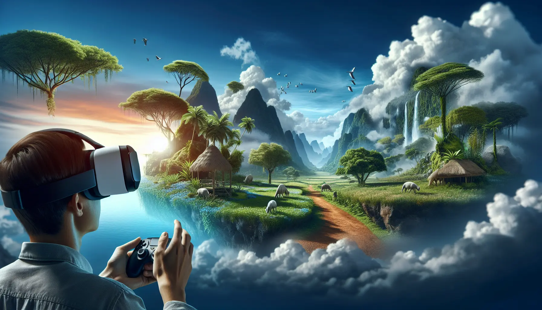 Un giovane esplora un paesaggio naturale attraverso un visore di realtà virtuale, immerso in un'esperienza di viaggio virtuale.