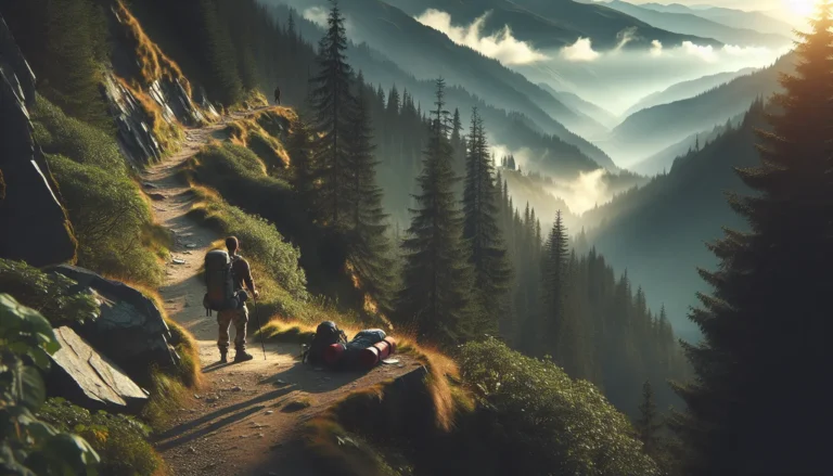 Un viaggiatore solitario che esplora un sentiero naturale circondato da alberi e montagne.