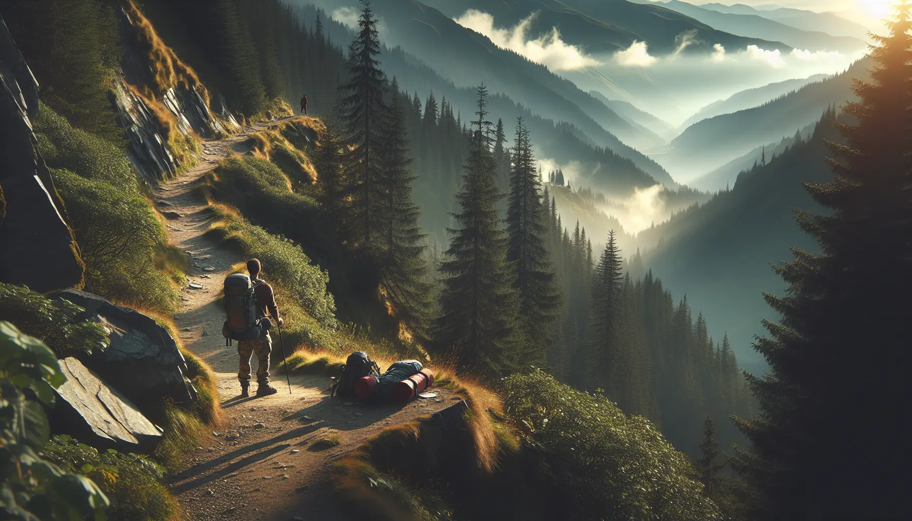 Un viaggiatore solitario che esplora un sentiero naturale circondato da alberi e montagne.