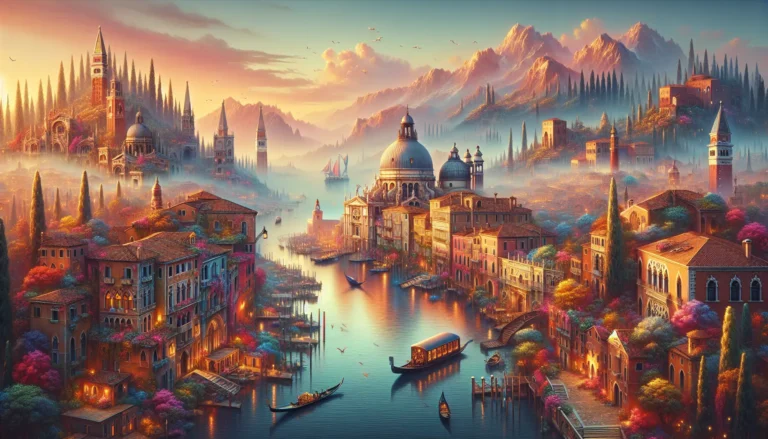 Un'immagine che rappresenta un viaggio virtuale, con un computer che mostra paesaggi iconici e opere d'arte.